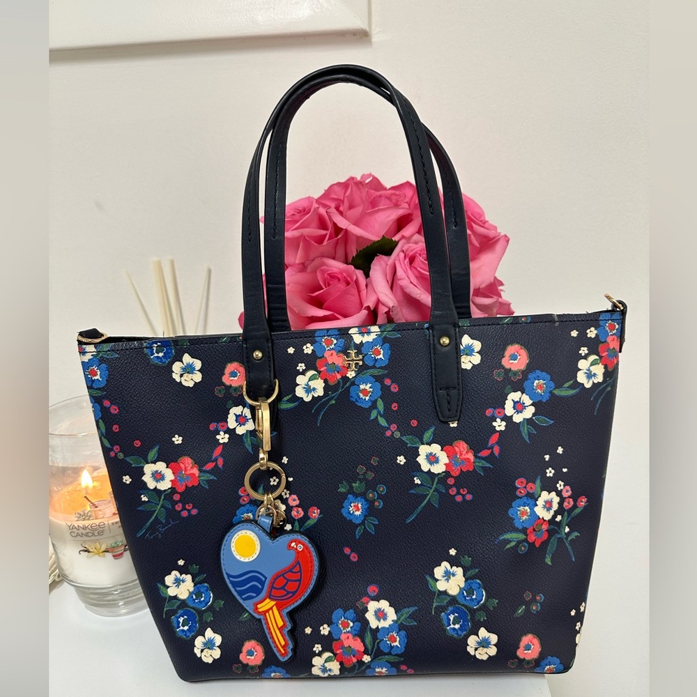Original Tory Burch Parker Tote leather Floral Navy Blue